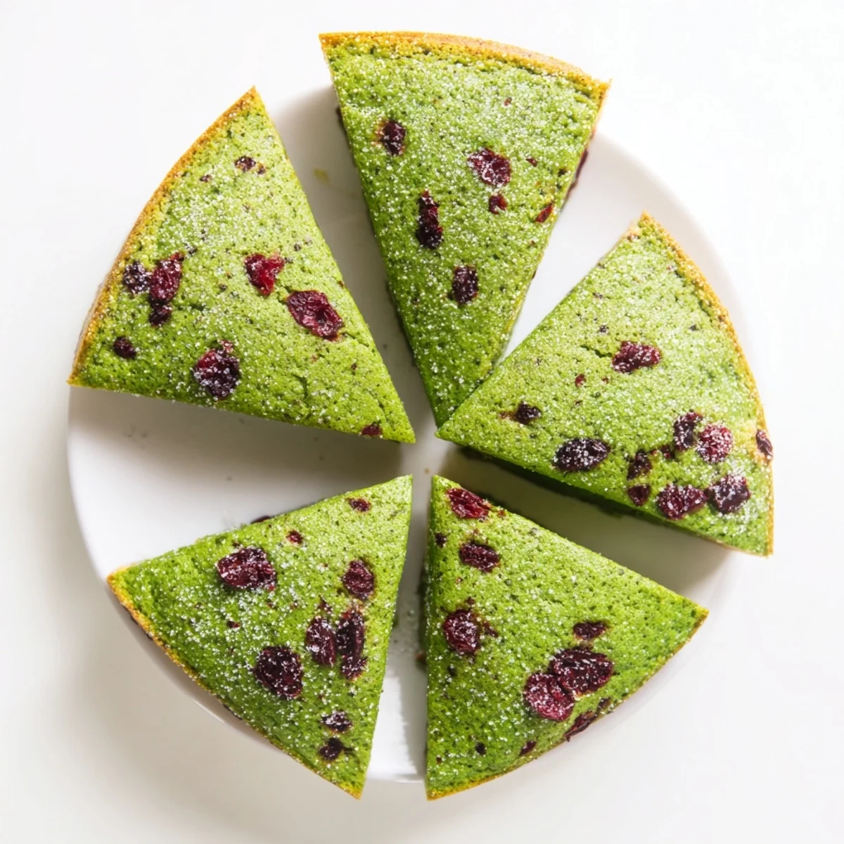 Golden matcha cranberry scones with vibrant green specks and red berries on a wire rack