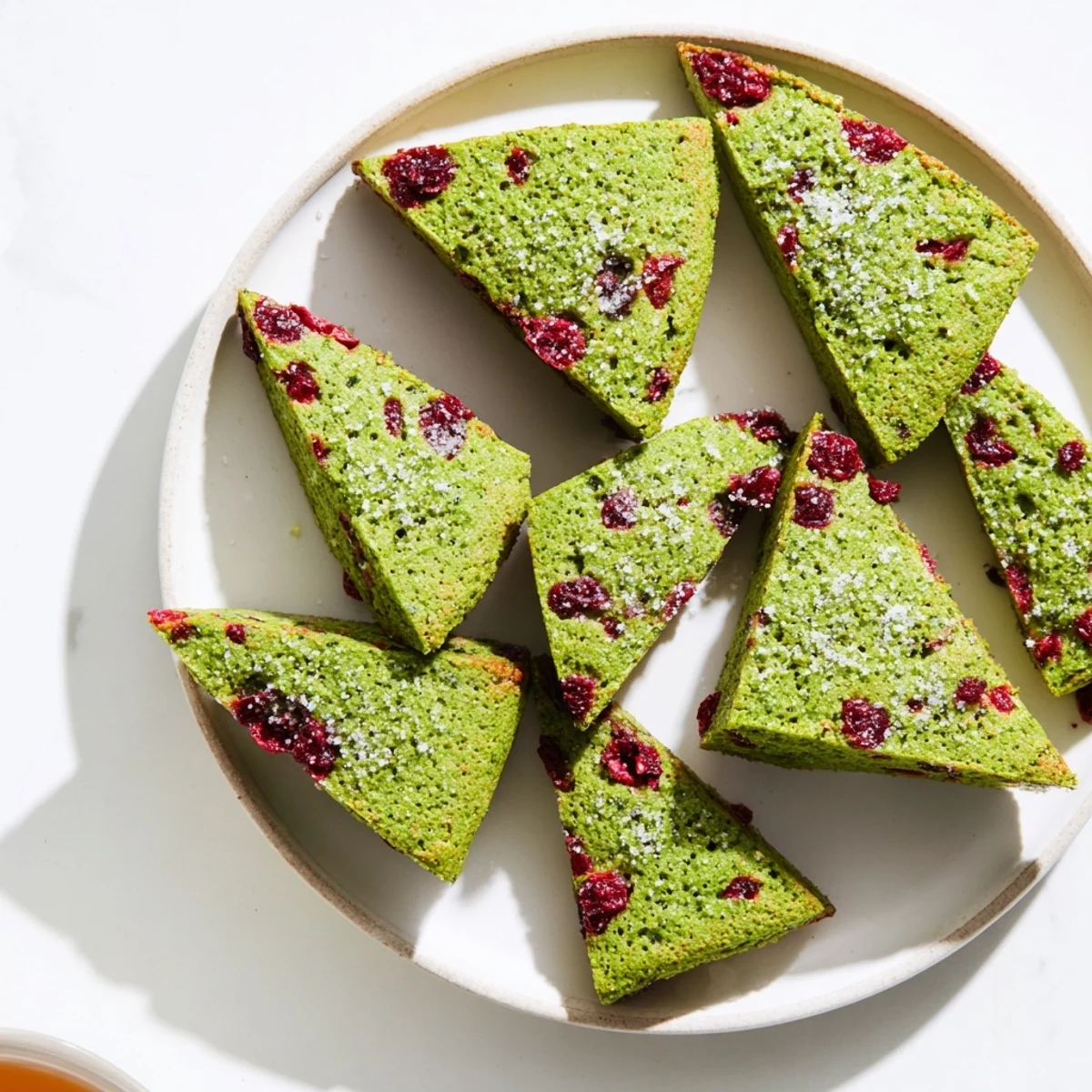 Tender green tea scones studded with tart cranberries arranged on parchment paper baking sheet