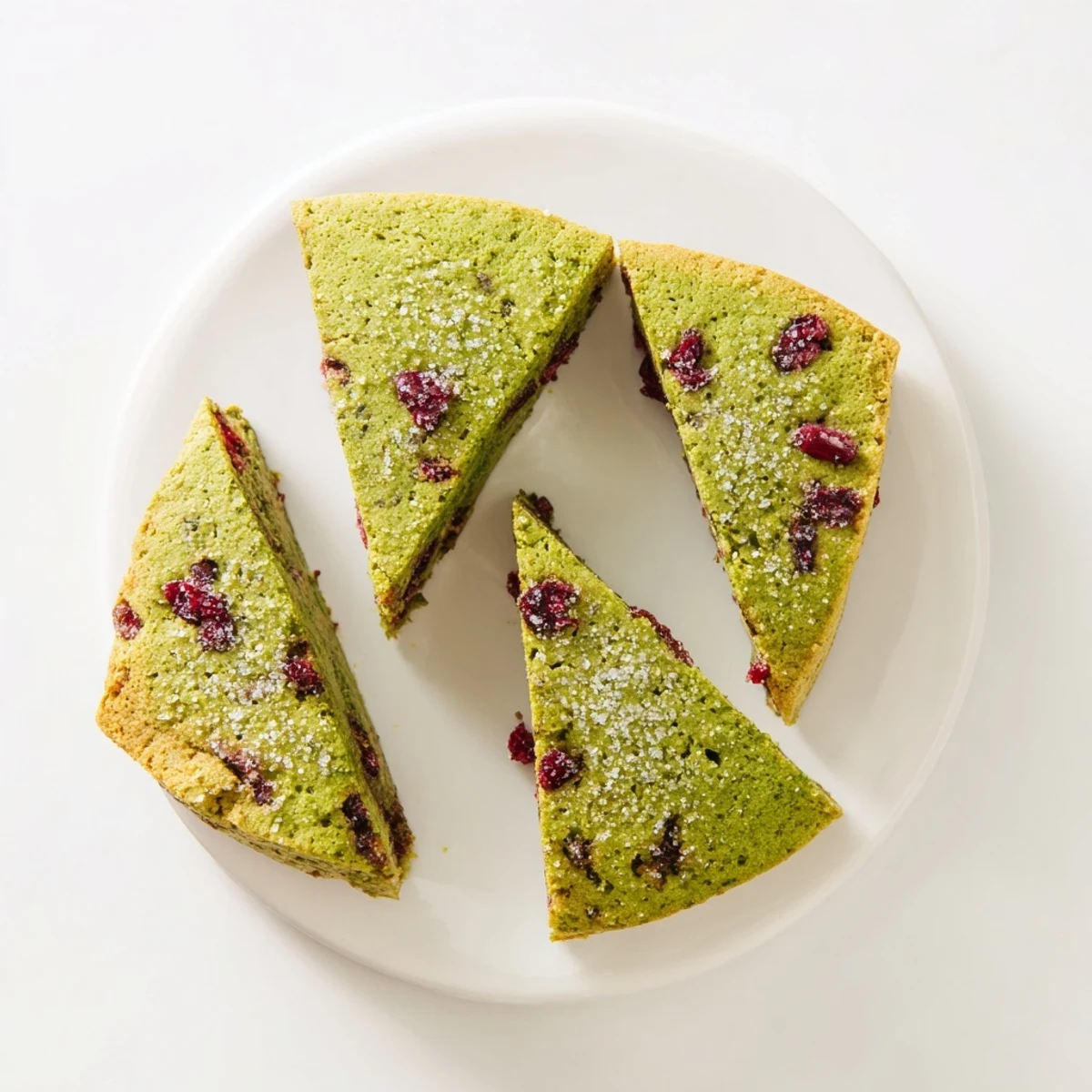 Flaky buttery matcha cranberry scones sprinkled with coarse sugar ready for afternoon tea service