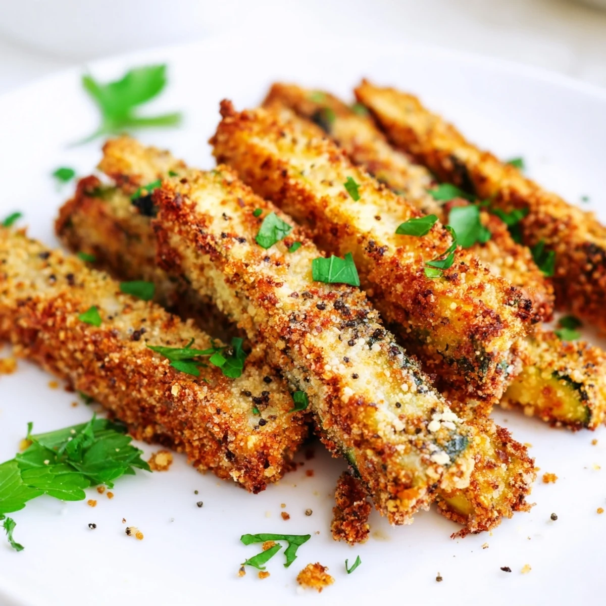 Golden brown crispy baked keto zucchini fries arranged on a white serving platter with fresh parsley garnish