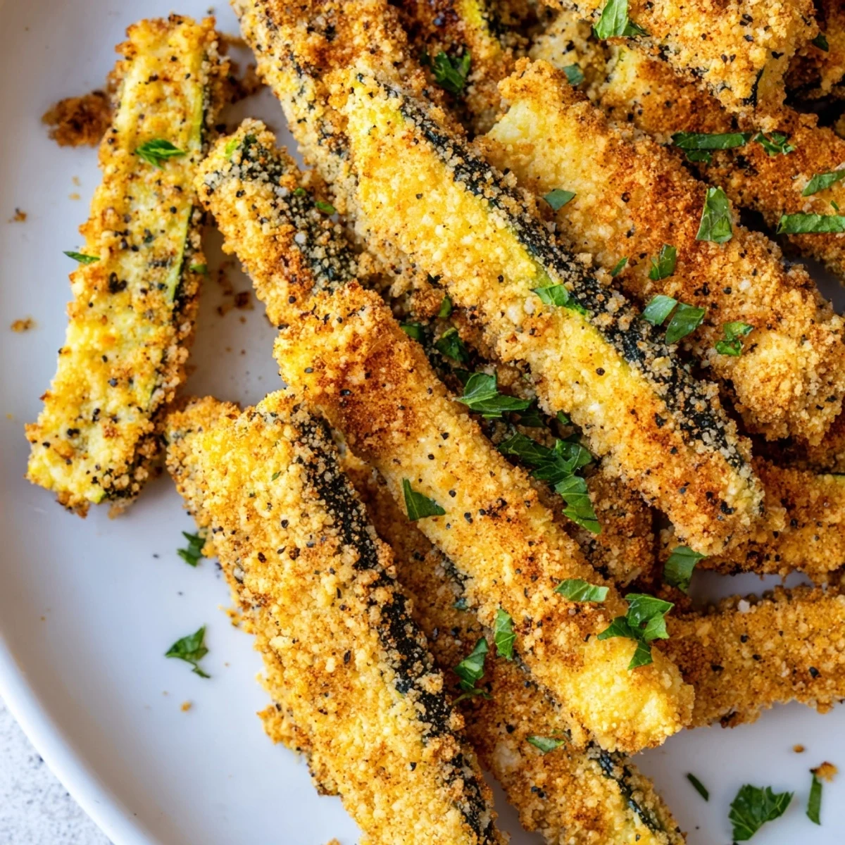 Close-up of crunchy low-carb zucchini fries with almond parmesan coating, perfectly baked to golden perfection