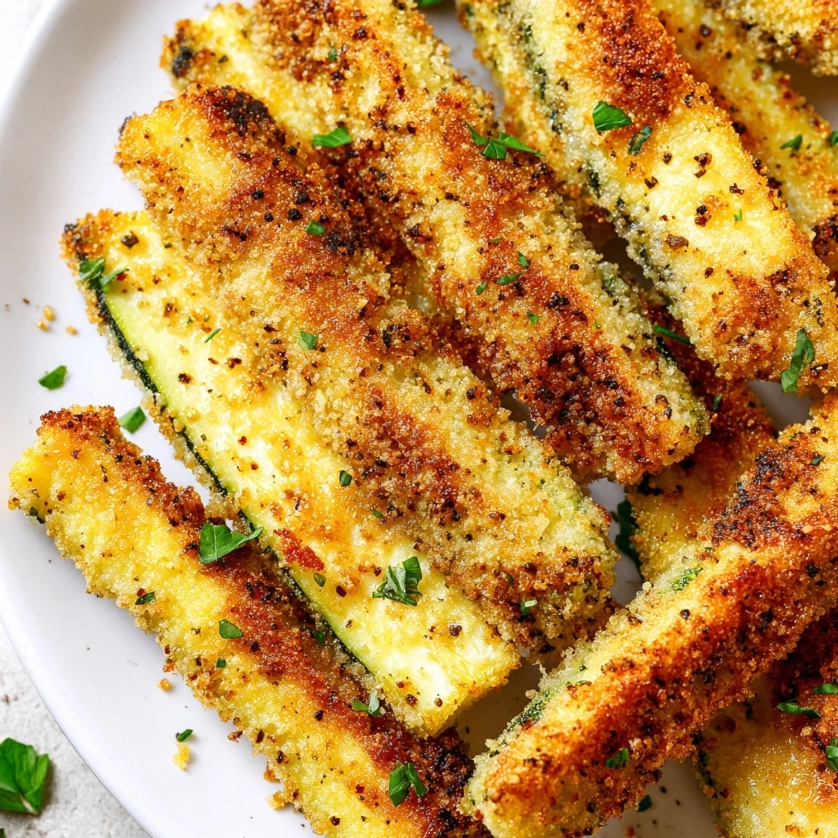 Homemade crispy baked keto zucchini fries stacked high, showing their crunchy texture and appetizing golden-brown exterior