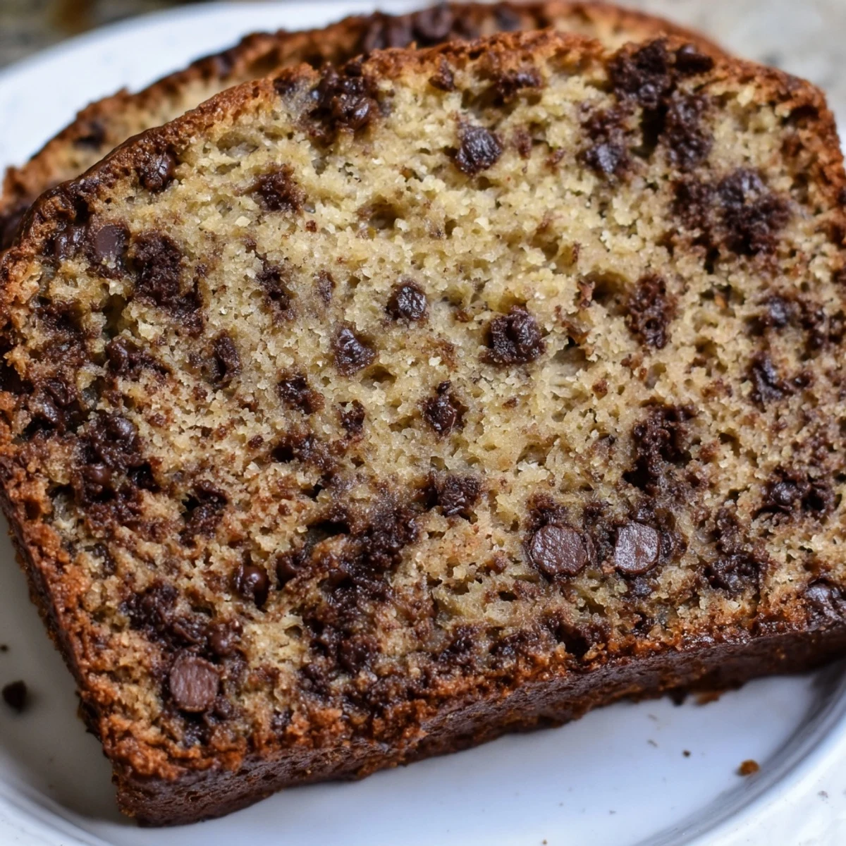 Golden chocolate chip banana bread loaf with melted chocolate chips visible on top