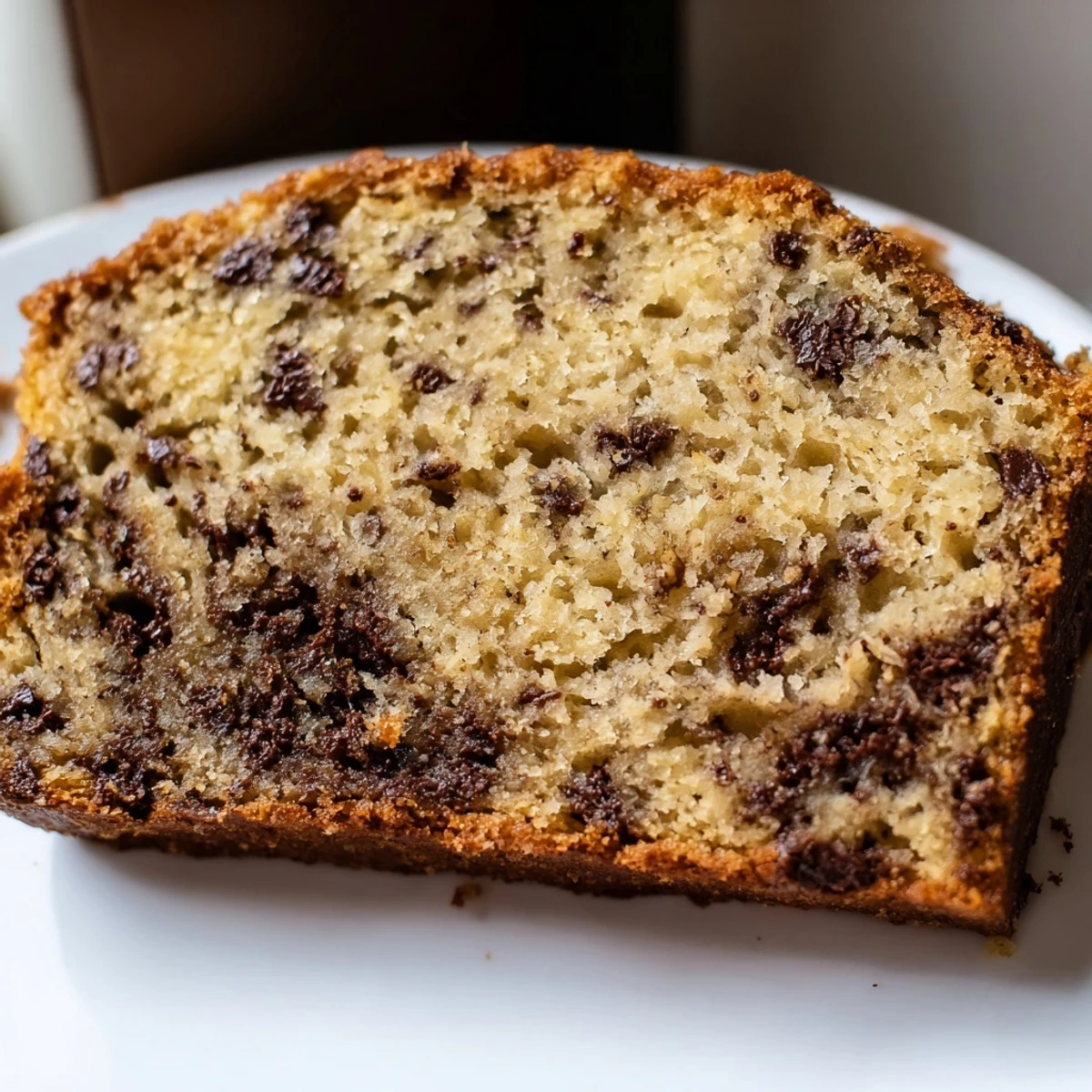 Slice of moist chocolate chip banana bread on a wooden cutting board