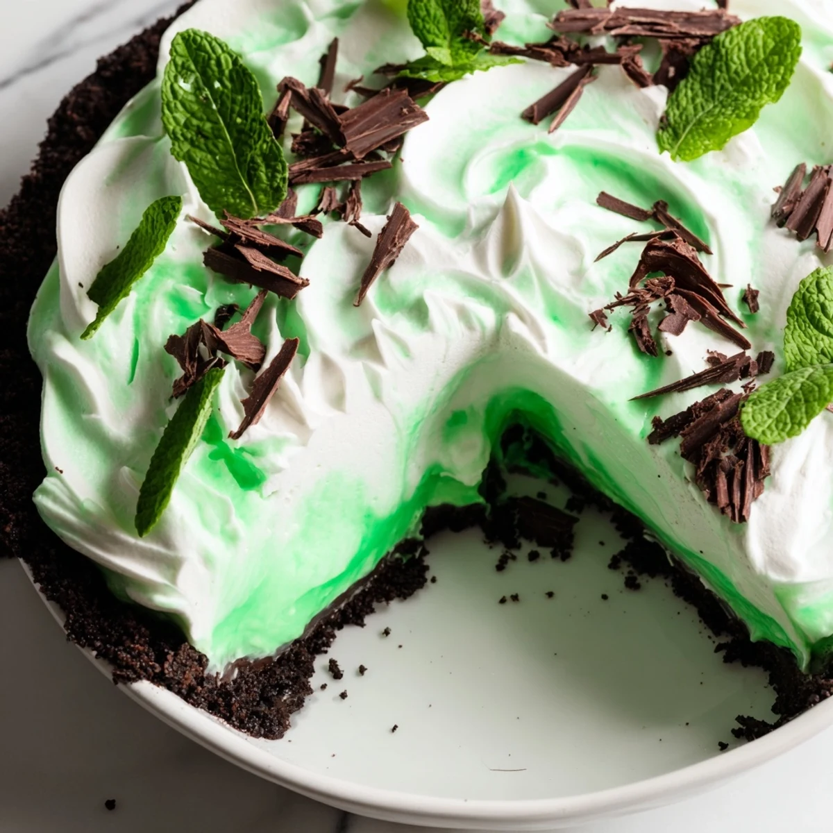 Slice of minty Shamrock Swirl Pie topped with chocolate shavings and fresh mint leaf garnish