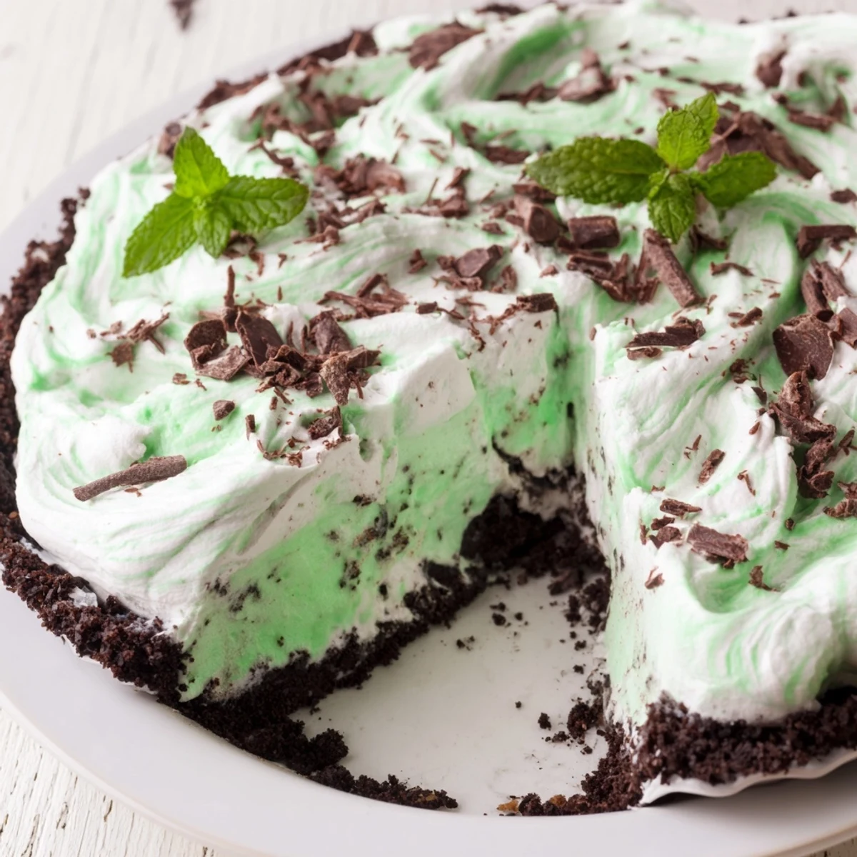 Creamy Shamrock Swirl Pie with green mint filling swirled with white whipped cream in chocolate crust