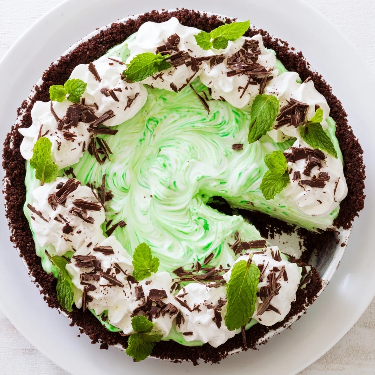 Whole St Patricks Day dessert pie showing vibrant green marbled pattern on chocolate cookie crust