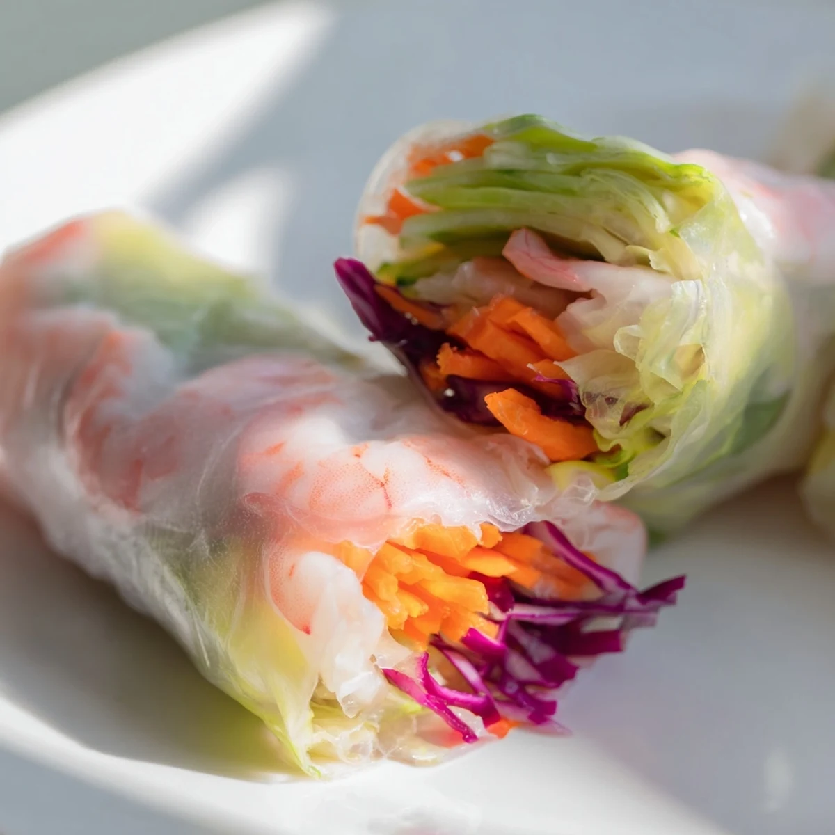 Hand-rolled Thai shrimp rolls with peanut sauce display vibrant layers of lettuce, herbs, and julienned vegetables