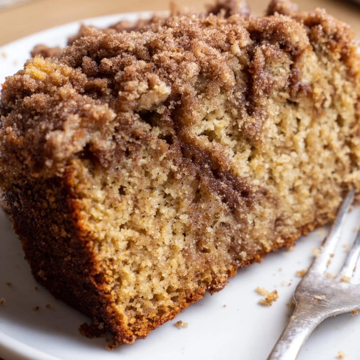 Golden cinnamon crumb banana bread loaf with crunchy spiced topping on a wooden board