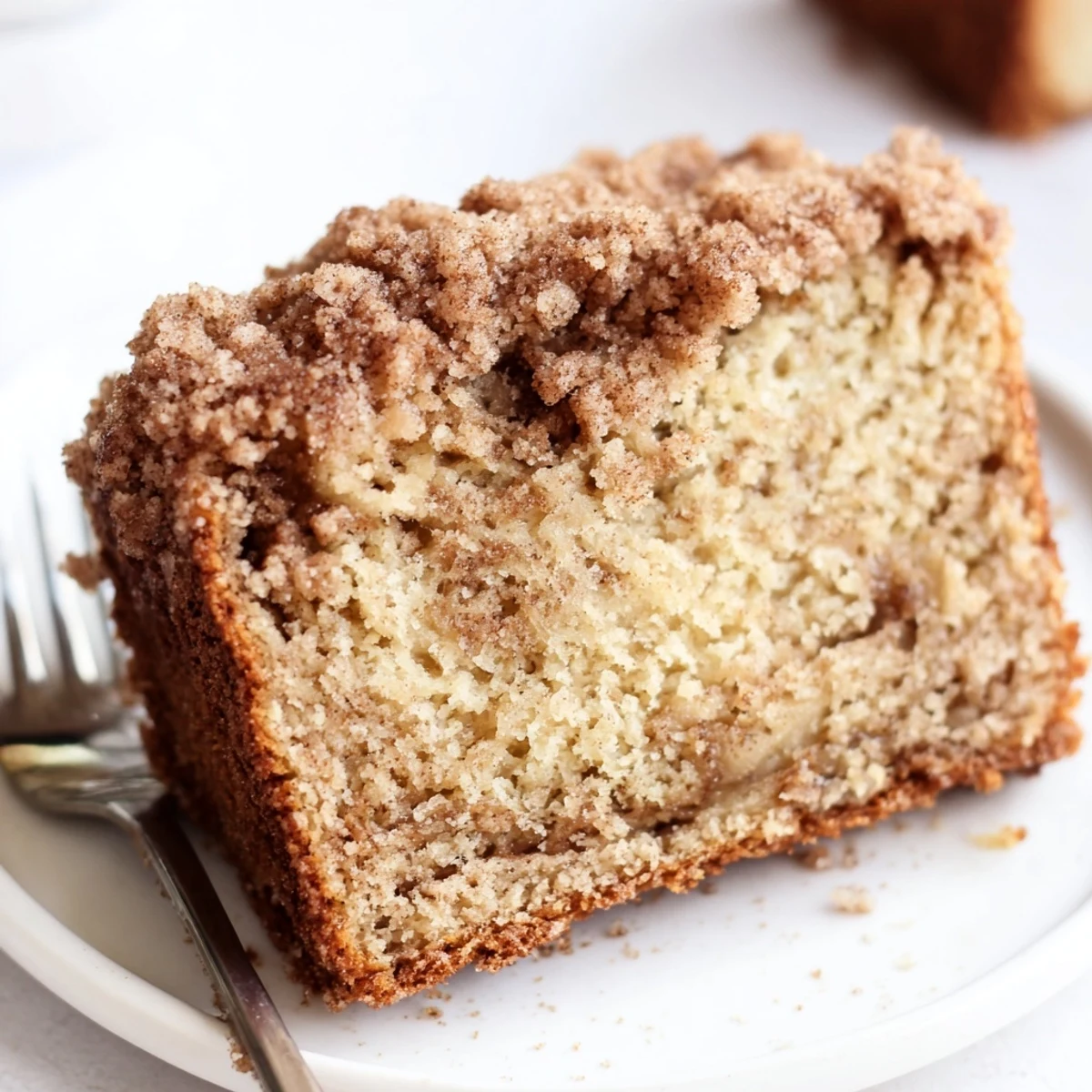 Freshly baked cinnamon crumb banana bread with golden brown sugar crust and streusel topping