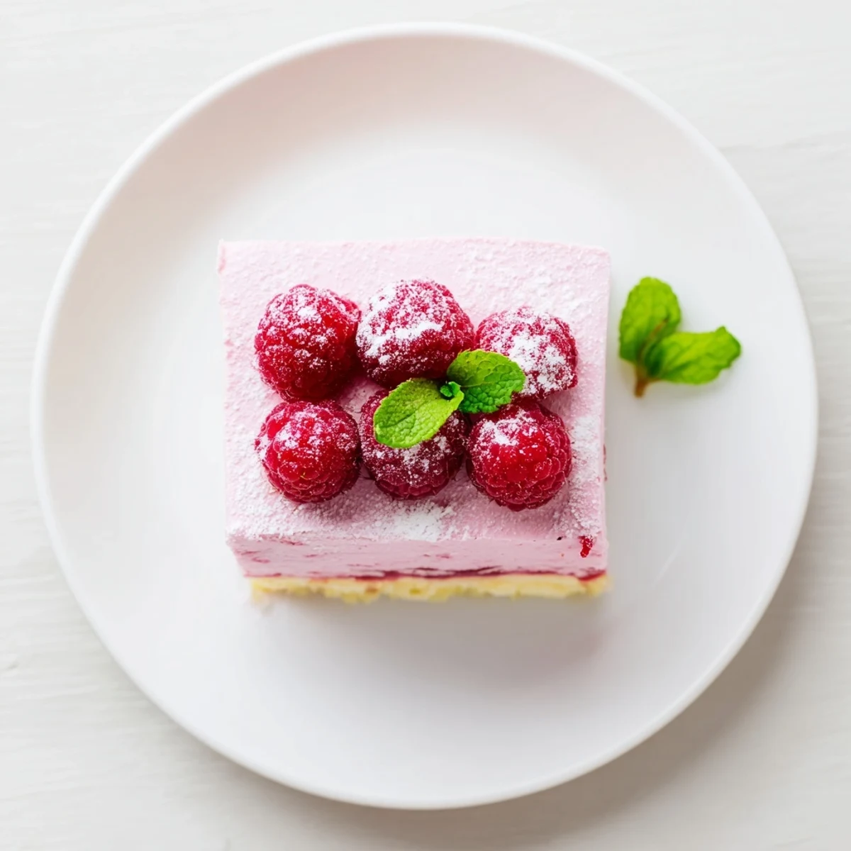 Elegant raspberry mousse cake with fluffy almond sponge base topped with fresh red berries