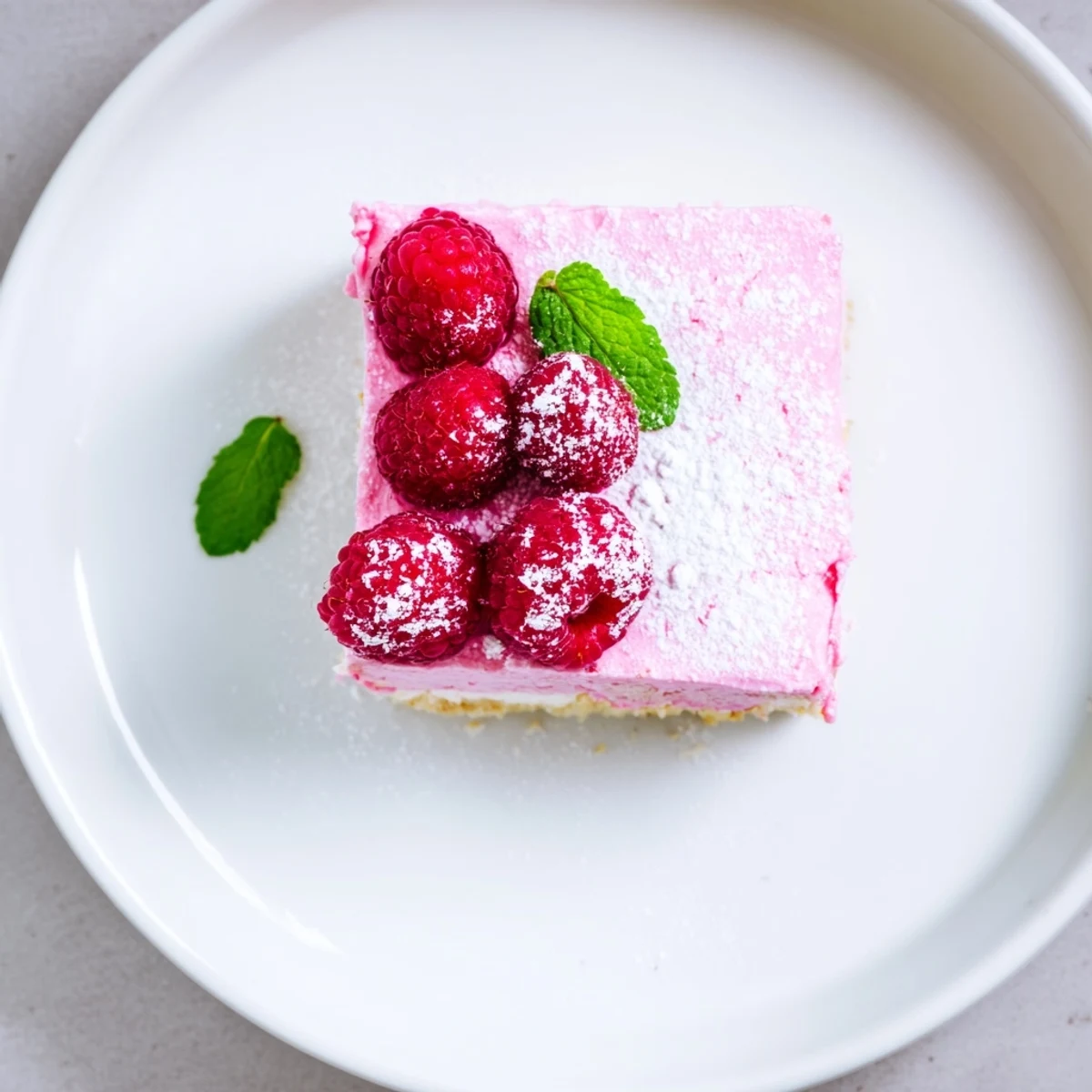 Slice of French raspberry mousse cake showing creamy pink filling over nutty almond sponge layer