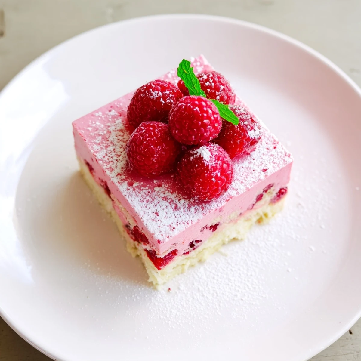 Pink raspberry mousse layered on golden almond sponge garnished with fresh raspberries and mint