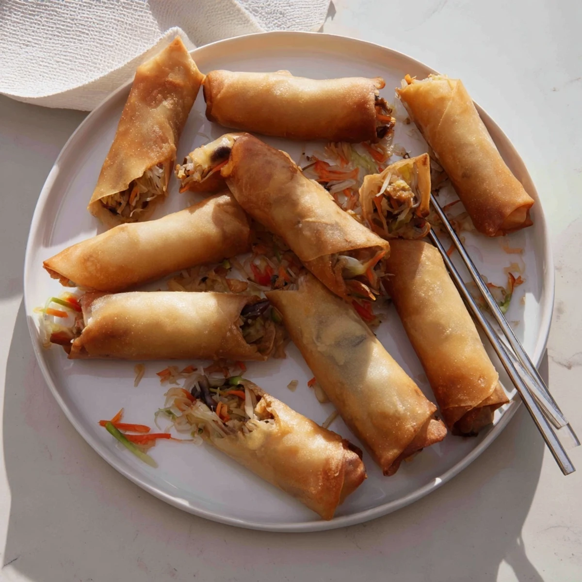 Golden crispy Chinese vegetable spring rolls filled with colorful shredded cabbage and carrots.
