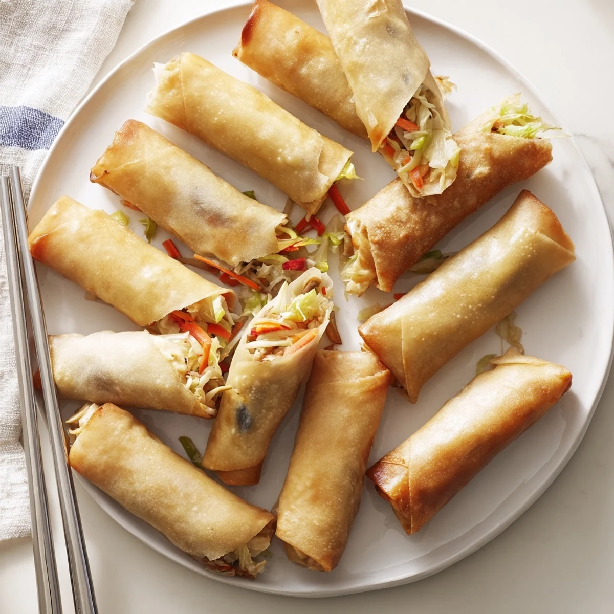 Homemade Chinese vegetable spring rolls showing flaky golden pastry and vibrant vegetable filling.