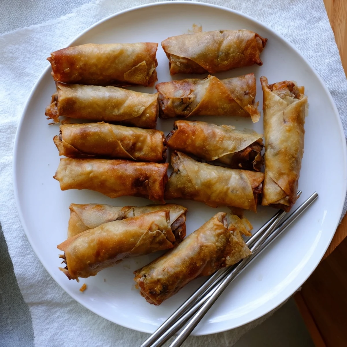 Plate of fried Chinese vegetable spring rolls served with sweet chili dipping sauce.