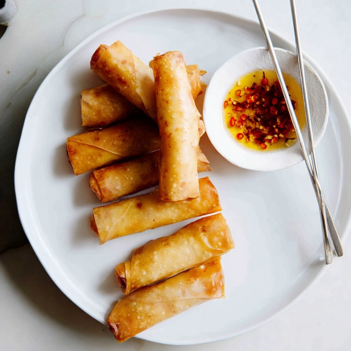 Plate of air fryer spring rolls featuring shredded cabbage and carrot filling