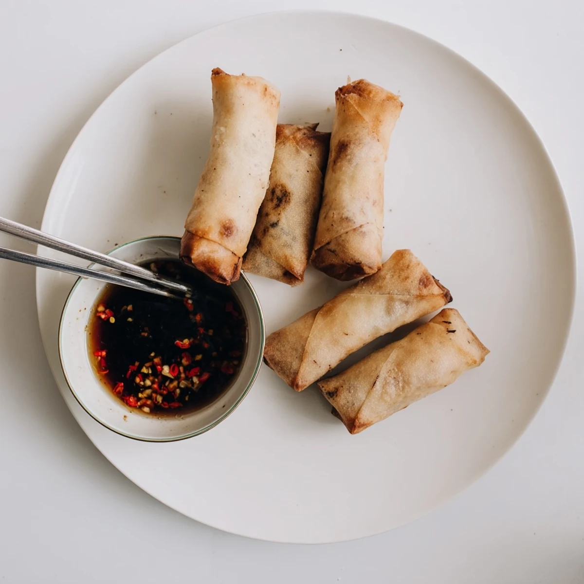 Golden crispy air fryer spring rolls with vegetable filling and dipping sauce