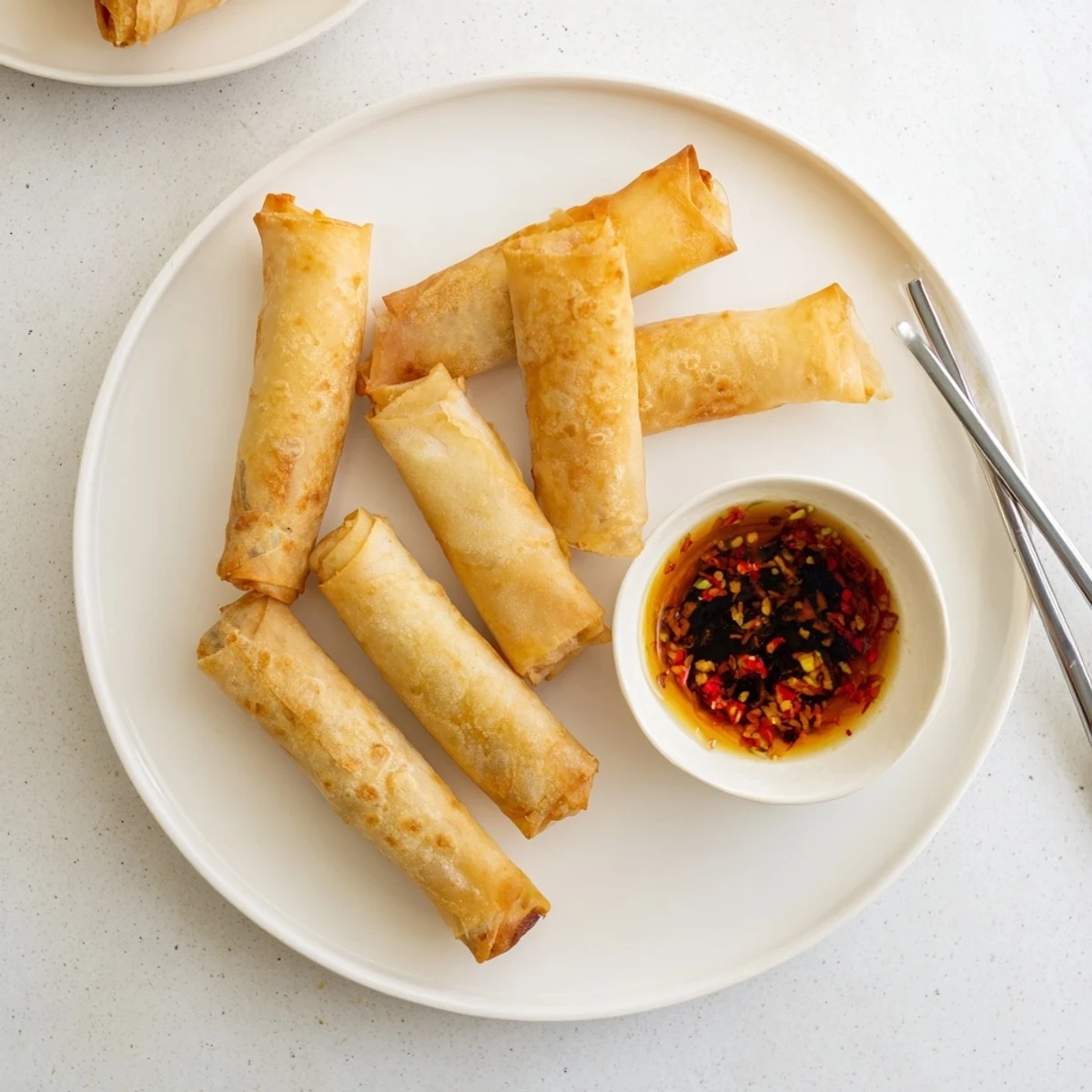 Crispy air fryer spring rolls arranged on serving plate with tangy sauce