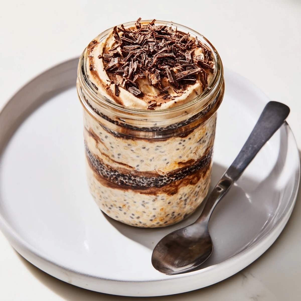 Glass jar layered with creamy tiramisu overnight oats topped with cocoa powder and dark chocolate shavings