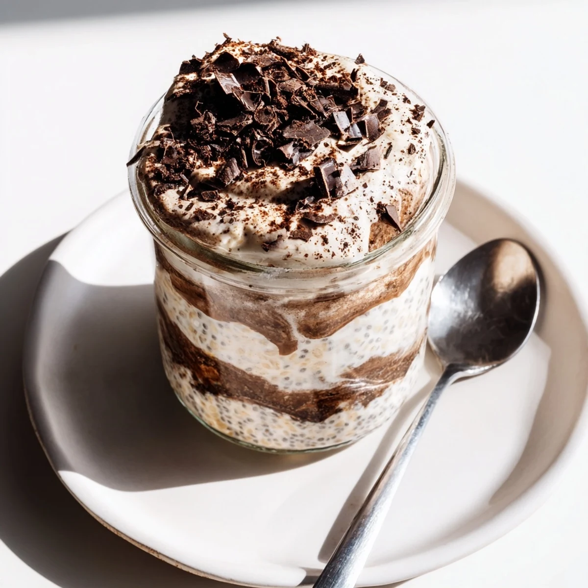 Spoonful of espresso-infused tiramisu overnight oats showing mascarpone swirl and chocolate dusting on white background