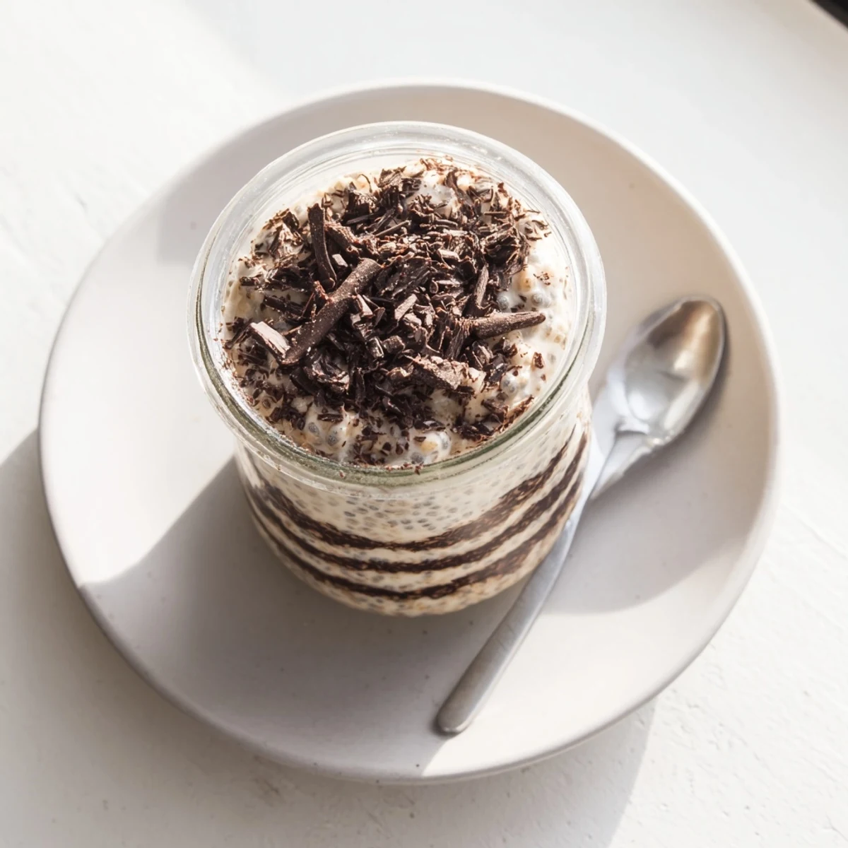 Close-up of tiramisu overnight oats in mason jar with layered coffee cocoa mixture and chocolate garnish