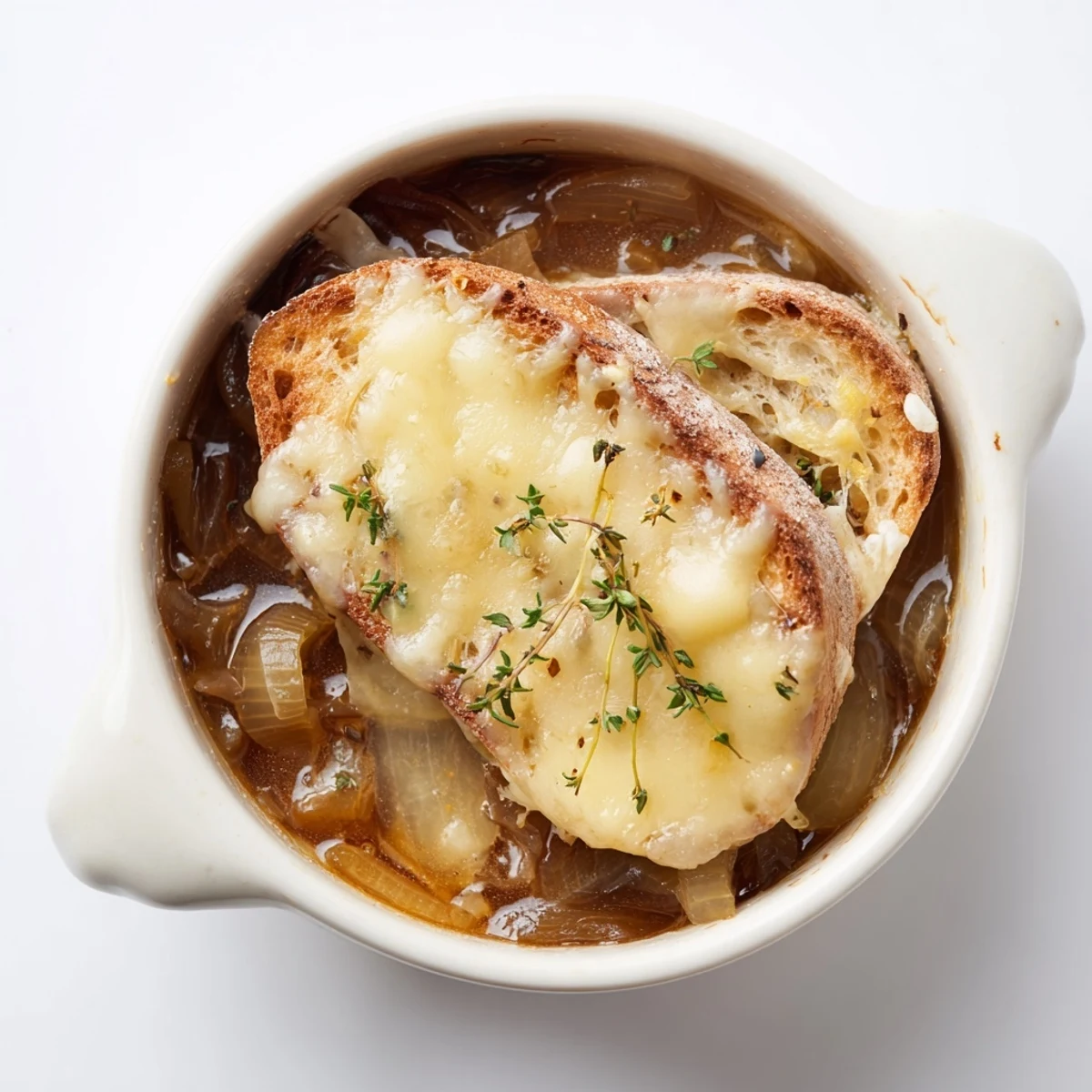 Golden brown French onion soup topped with melted Gruyère cheese and crispy bread