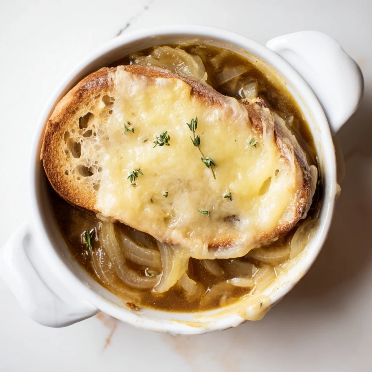 Oven-baked French onion soup with bubbling cheese and crusty baguette slices