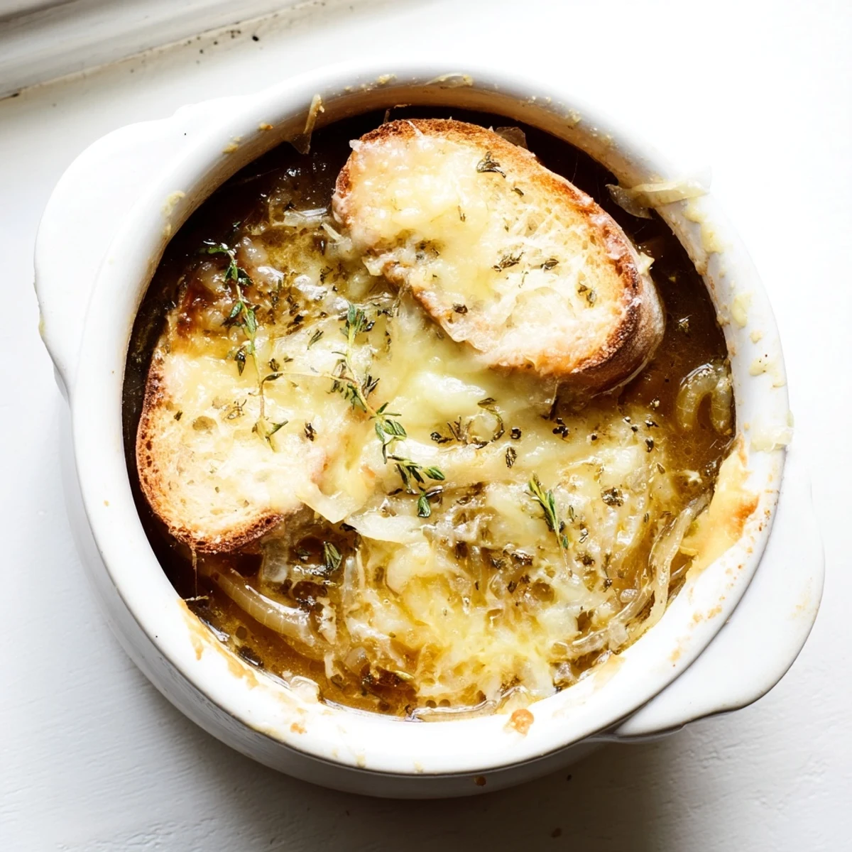 Classic French onion soup in a white bowl with caramelized onions and golden cheese topping
