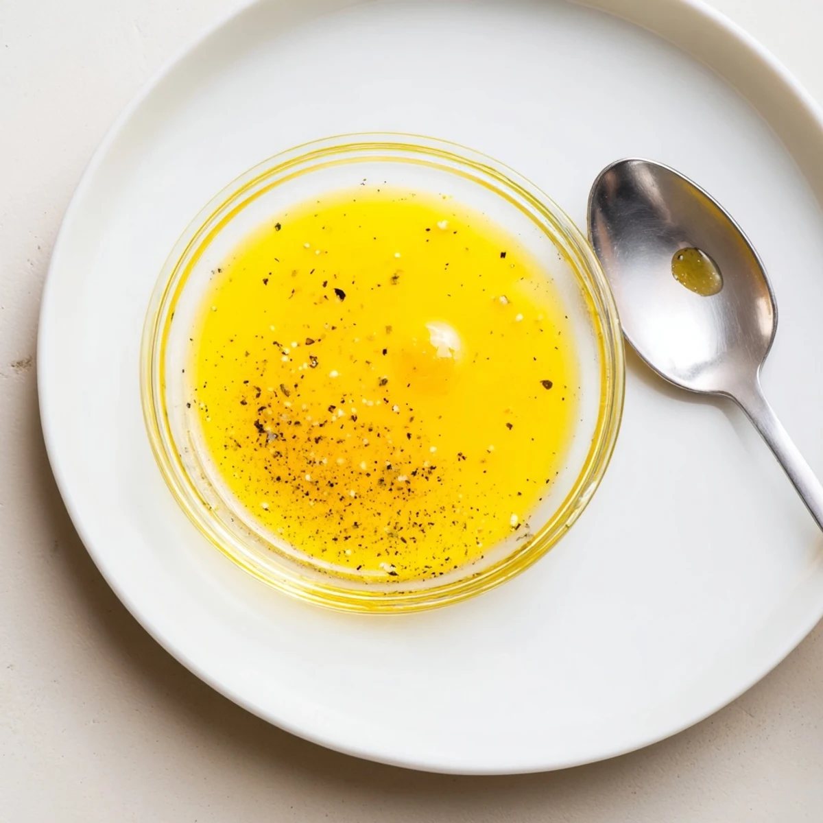 Glass jar of bright lemon vinaigrette dressing with golden olive oil swirl