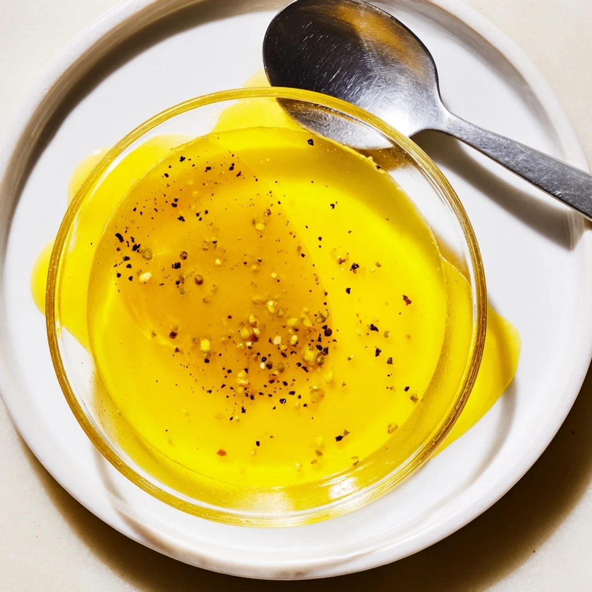 Zesty bright lemon vinaigrette dressing in white bowl with whisk and lemon slice