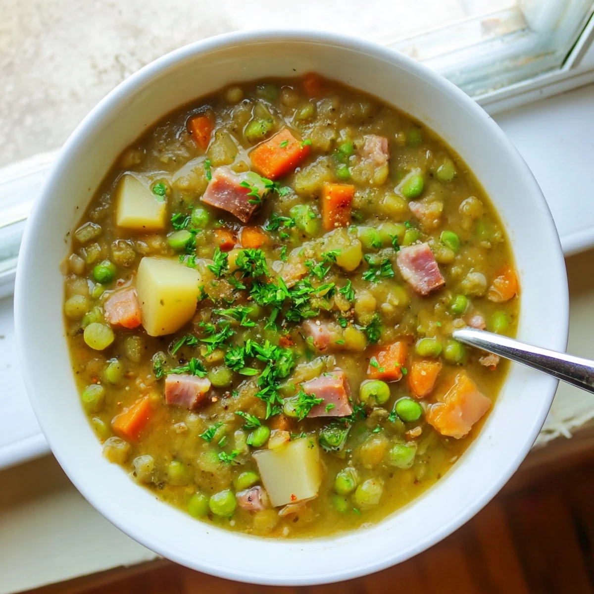 Golden bowl of hearty split pea soup with tender vegetables and fresh parsley garnish on a rustic wooden table