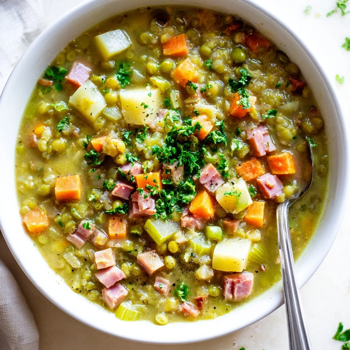 Steaming hearty split pea soup with chunky vegetables and fragrant thyme, ladled into a deep soup bowl for dinner
