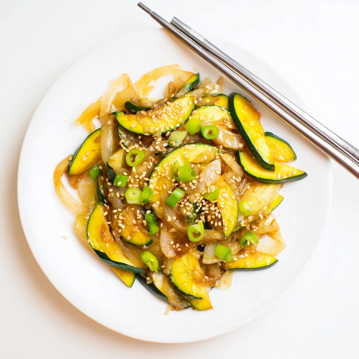 Golden brown zucchini and onions in a savory Japanese stir fry with sesame seed garnish
