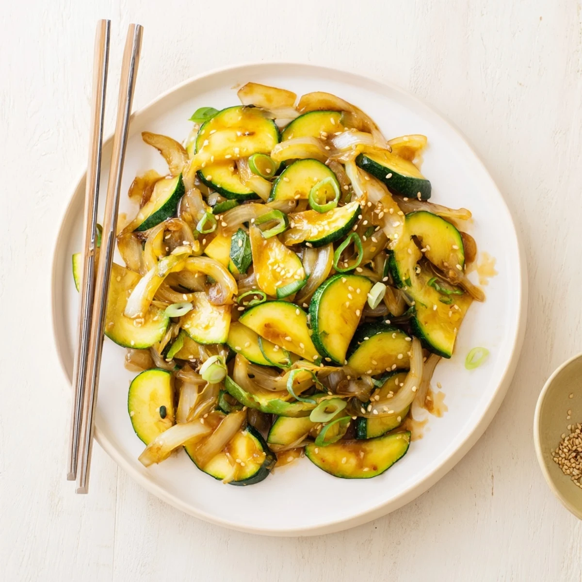 Tender zucchini halves and sweet onions glazed in soy mirin sauce in a hot wok