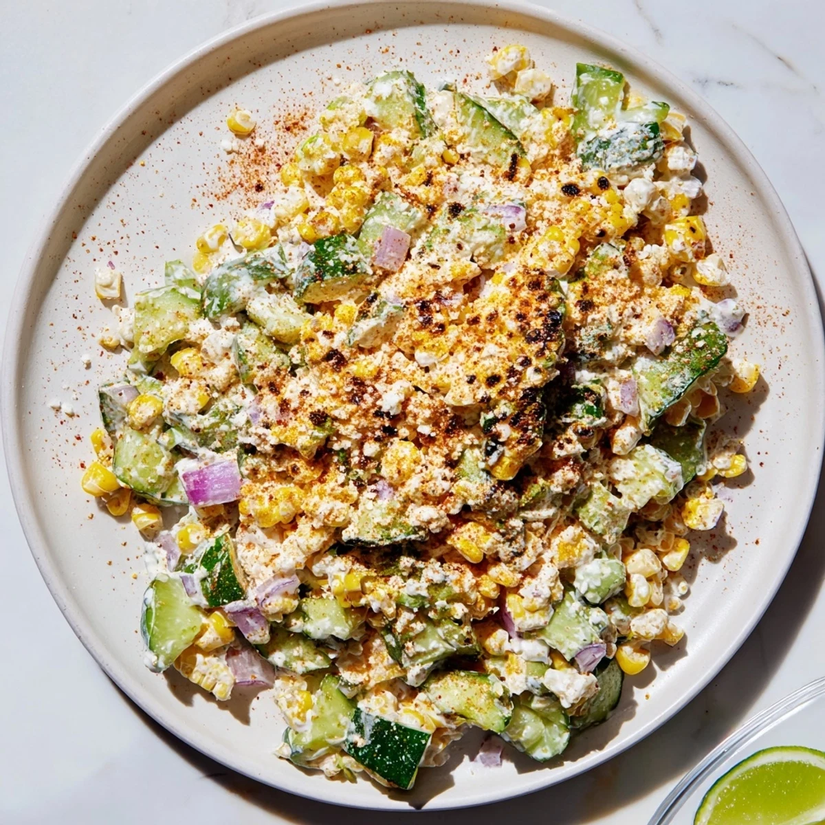 Fresh street corn creamy cucumber salad topped with crumbled cotija cheese and lime wedges in a white serving bowl