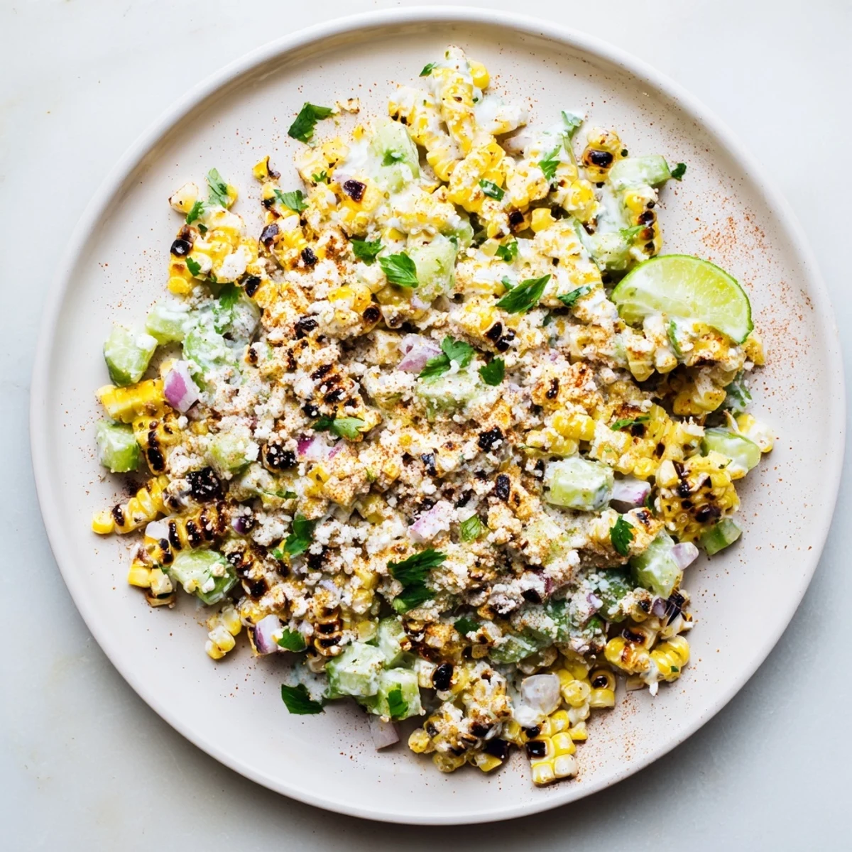 Vibrant Mexican-inspired street corn creamy cucumber salad with charred corn kernels, crisp diced cucumber, and creamy tangy dressing
