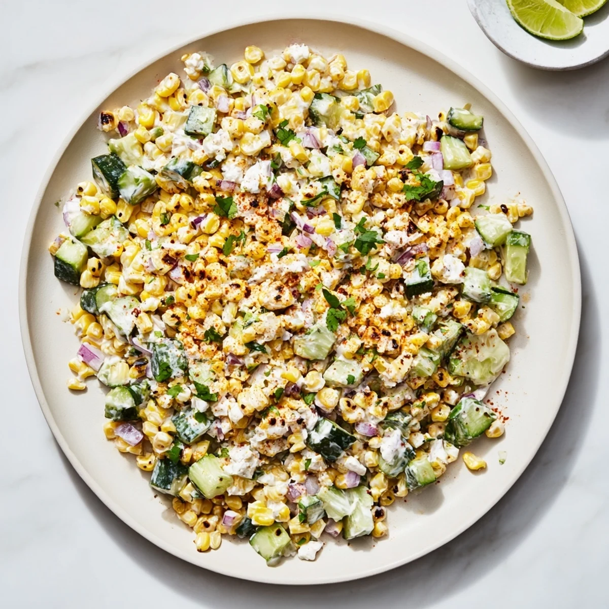 Golden charred corn salad featuring crisp cucumbers and creamy cotija topping drizzled with zesty lime dressing on a rustic wooden table