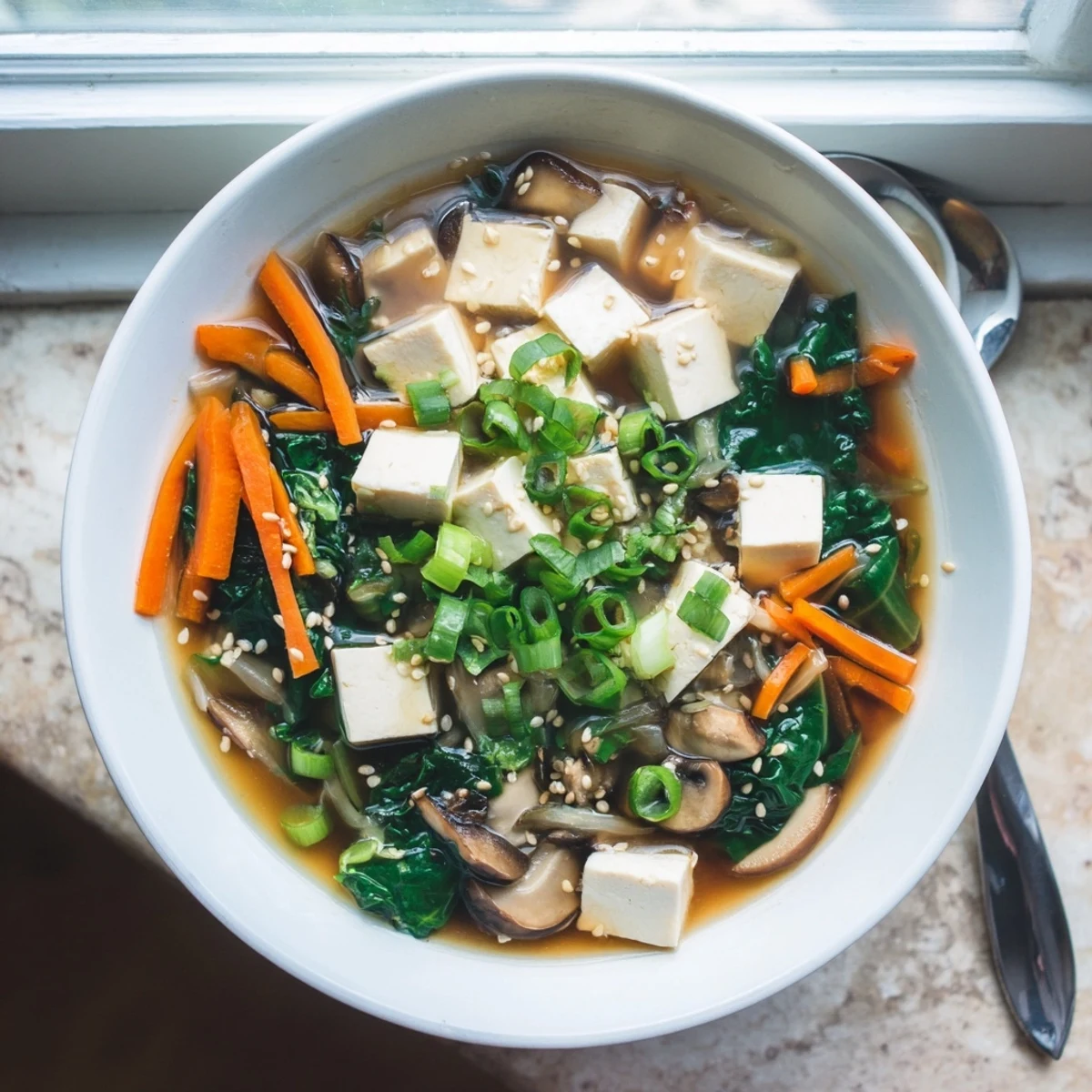 Steamy bowl of warm tofu soup with silken cubes, mushrooms, and fresh green onions.