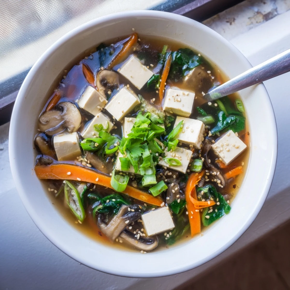 Garnished warm tofu soup featuring fresh cilantro, sesame seeds, and tender spinach in broth.