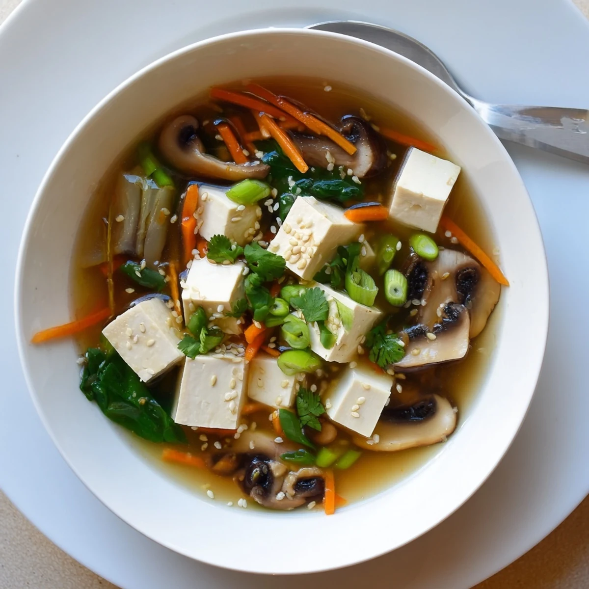 Comforting warm tofu soup with julienned carrots, tofu cubes, and savory vegetable broth.