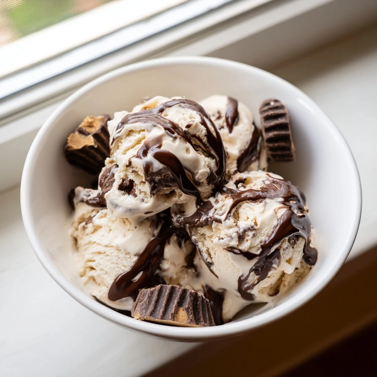 Creamy homemade moose tracks ice cream swirled with chocolate fudge and peanut butter cups in a white bowl