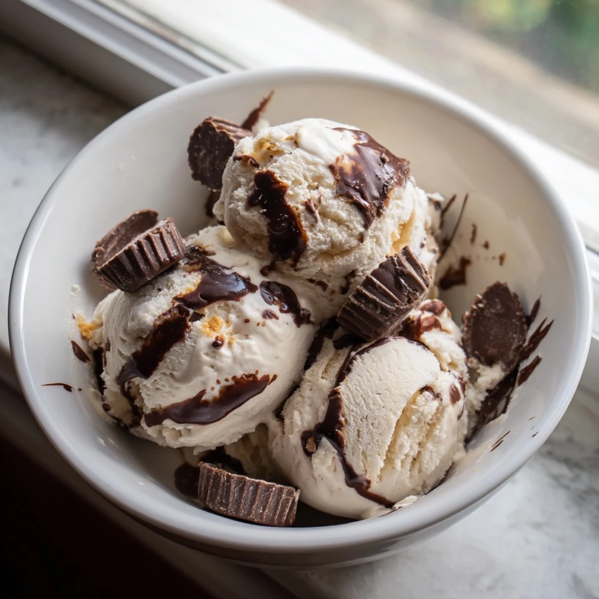 Scoop of rich vanilla moose tracks ice cream topped with fudge ribbons and chocolate peanut butter candy pieces