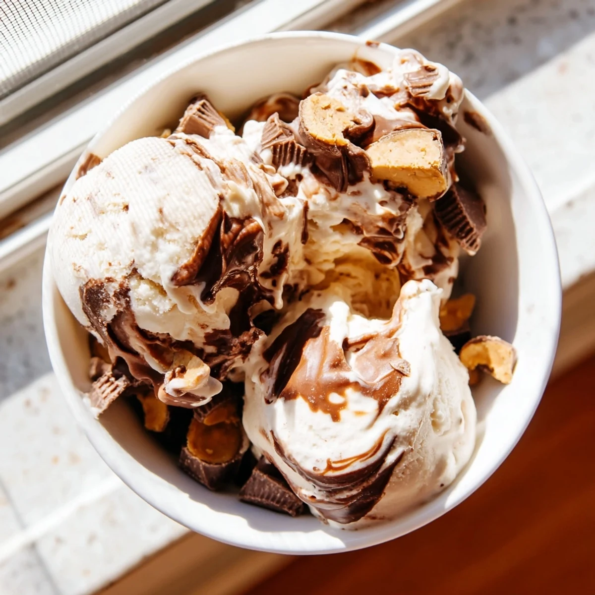 Homemade moose tracks ice cream showing thick fudge swirls and chopped peanut butter cups throughout the frozen dessert