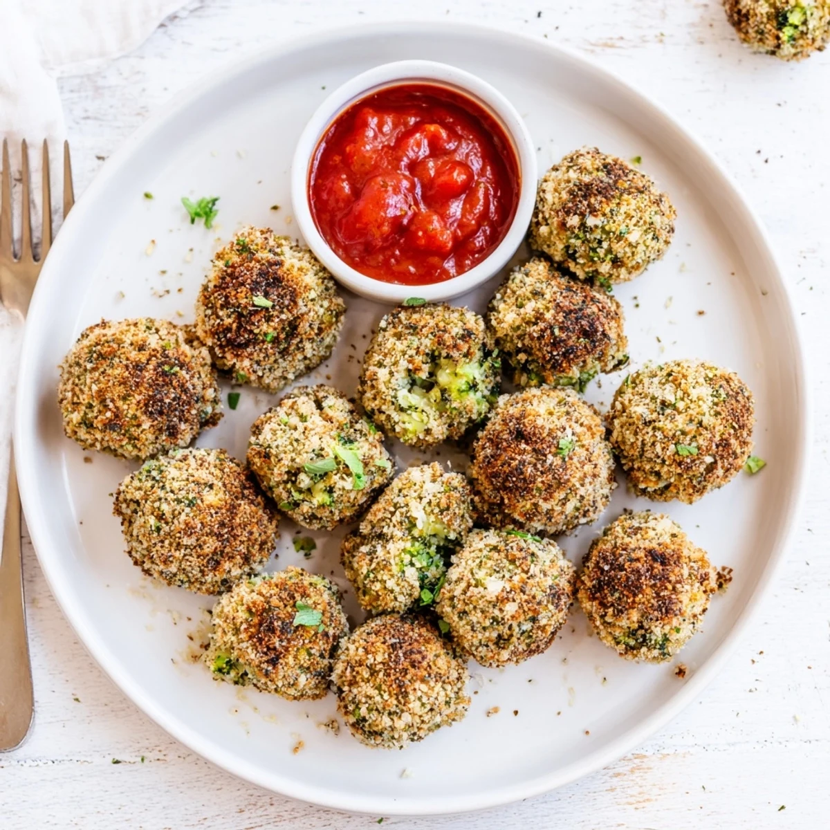 Golden baked broccoli and cheese balls arranged on a white serving platter