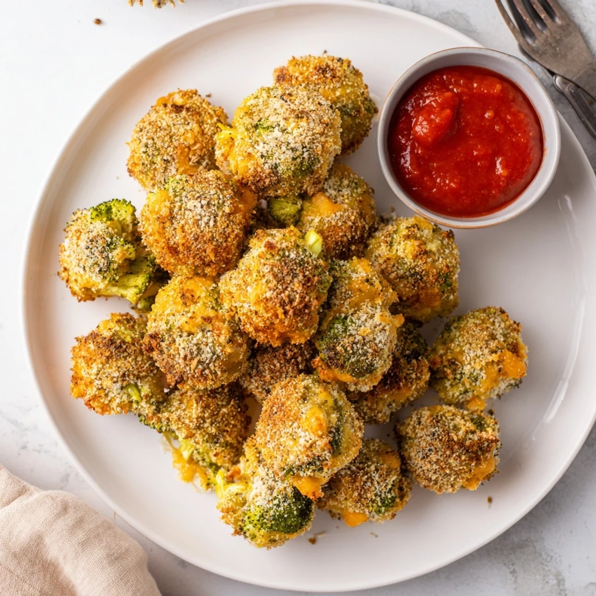 Crispy broccoli and cheese balls on a baking sheet with marinara dipping sauce