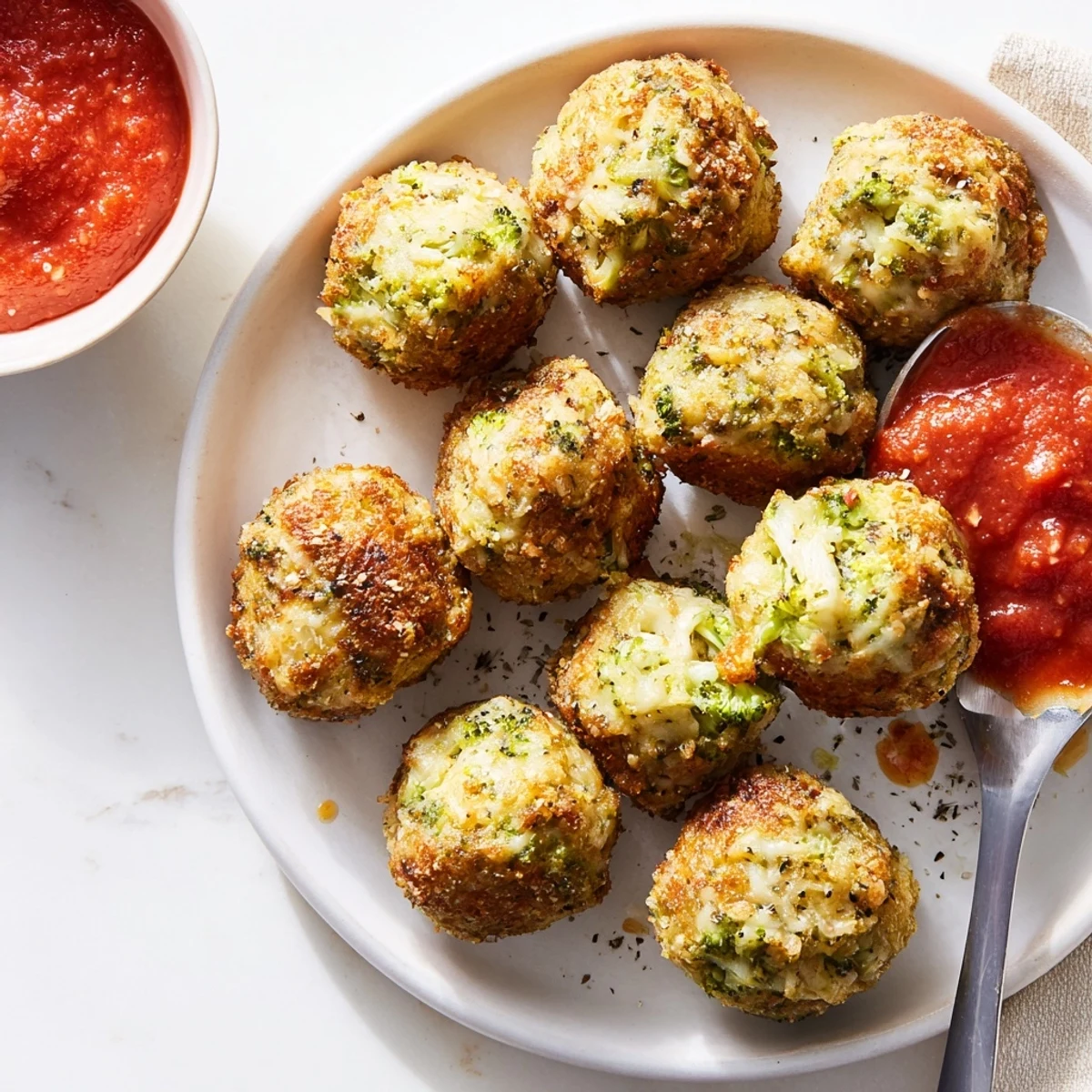 Close up of melty cheese inside a baked broccoli and cheese ball appetizer