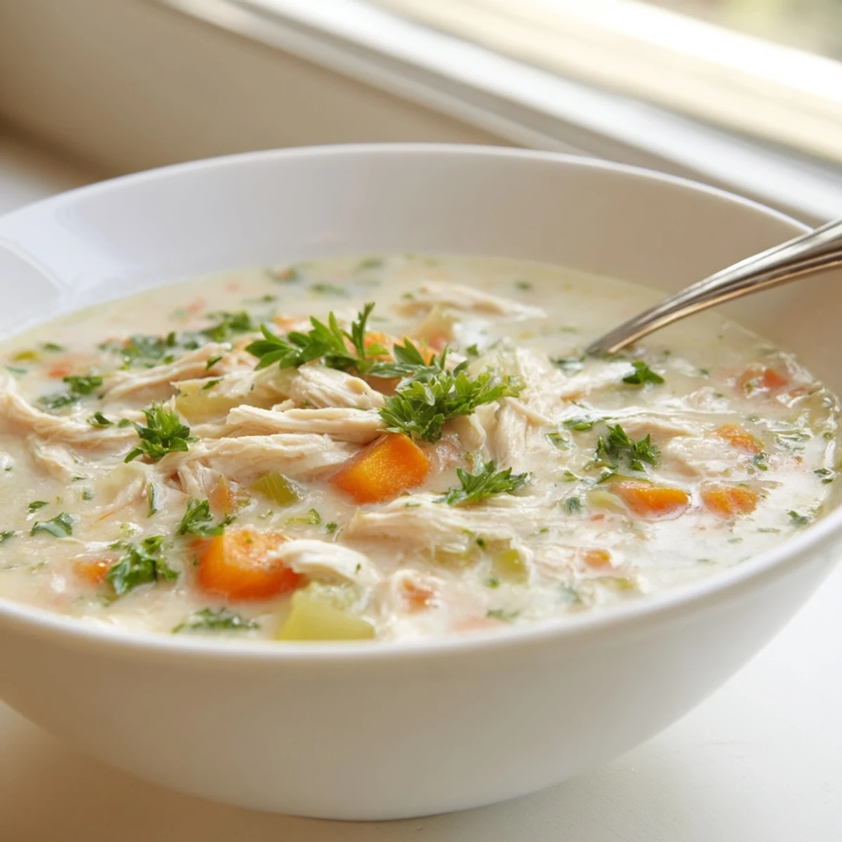 Steam rises from creamy homemade cream of chicken soup with diced vegetables