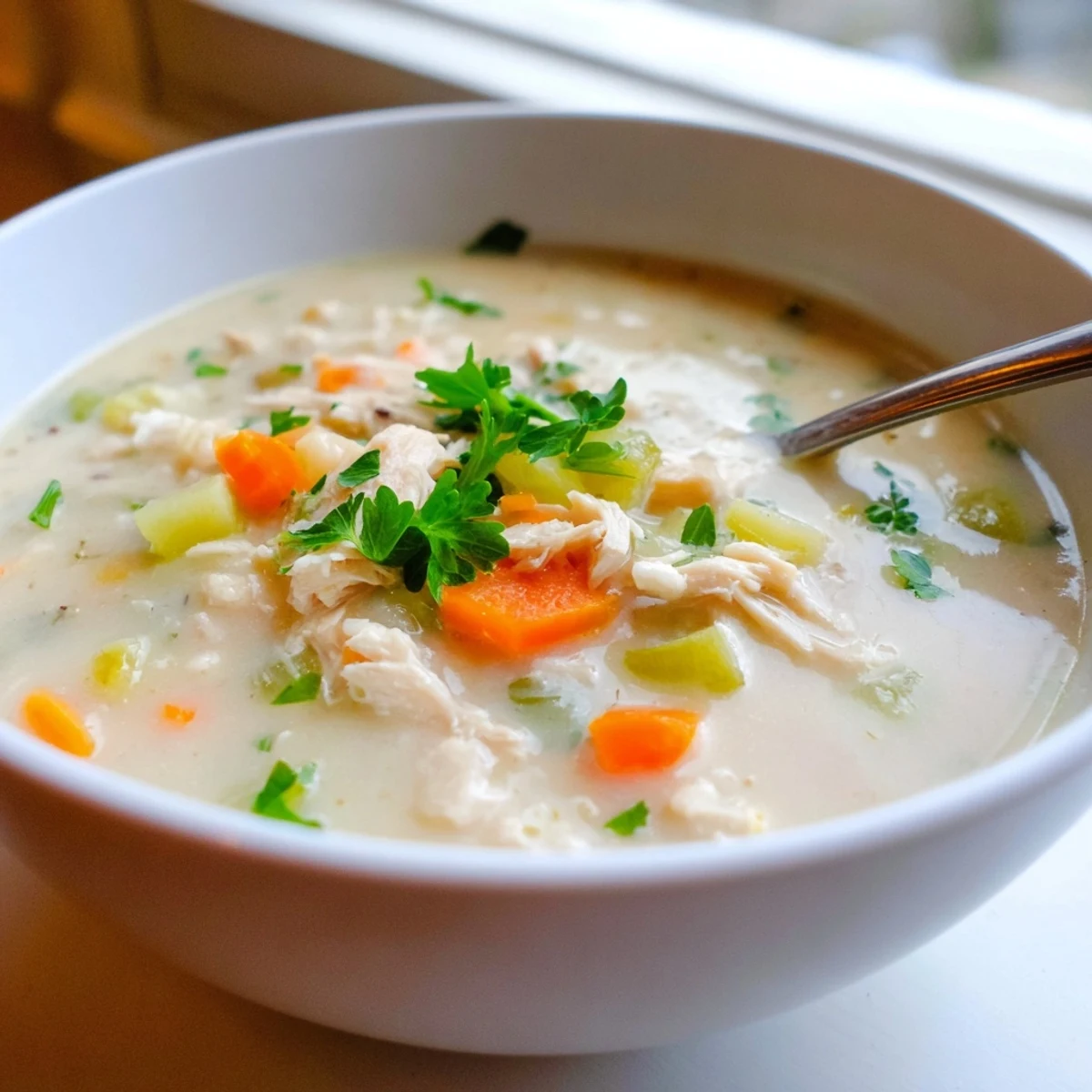 Cream of chicken soup in white bowl garnished with fresh parsley flakes