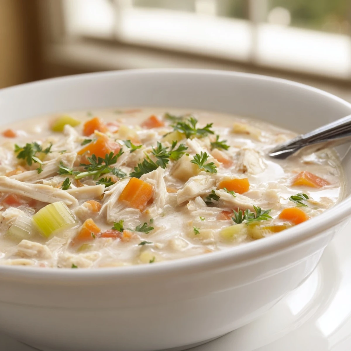 Golden cream of chicken soup ladled into bowl with crusty bread